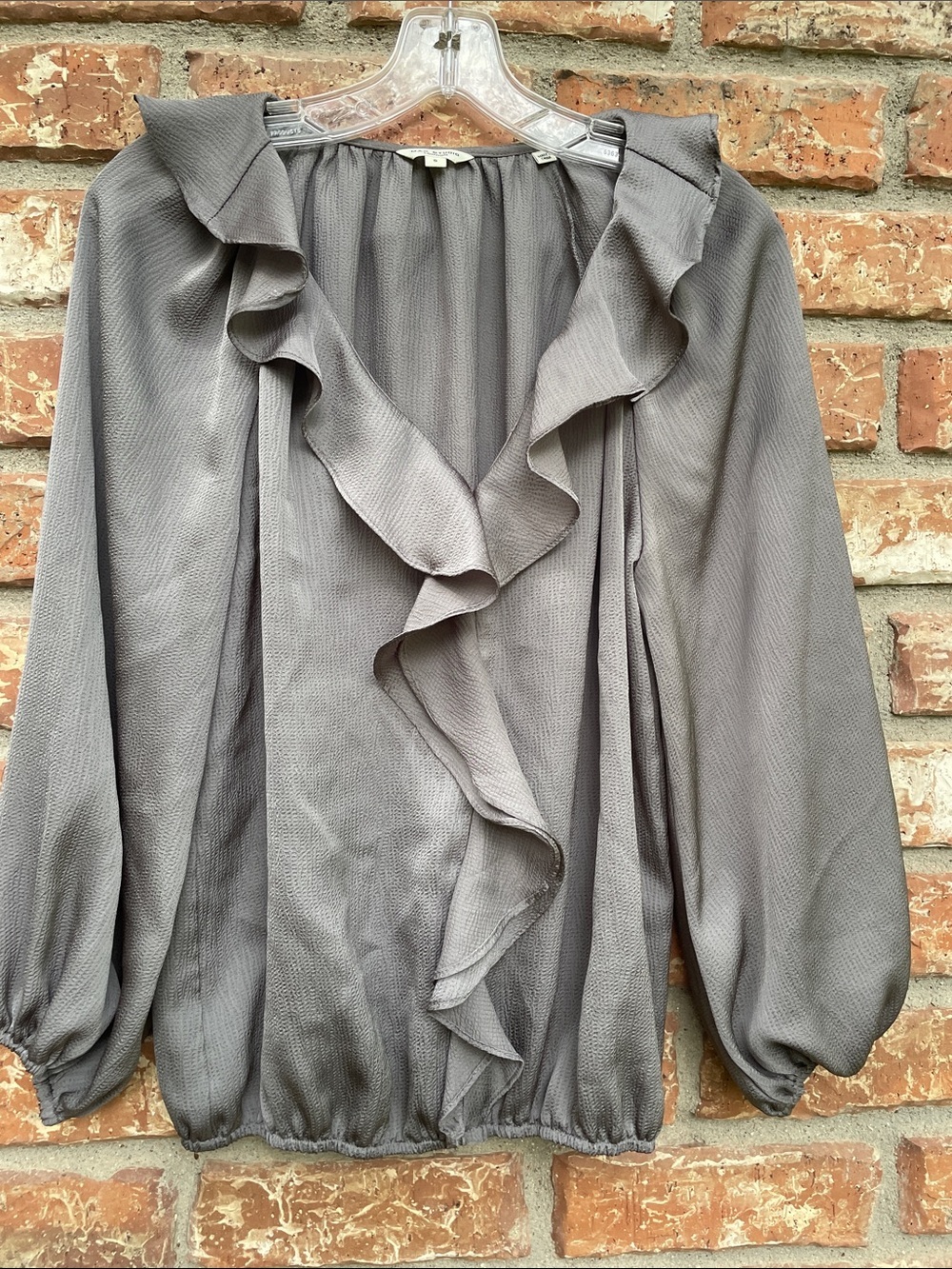 Max Studio Gray Ruffle Front Long Sleeve Blouse
